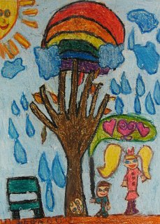 Jesen sa Martinom i devojčicom sa žutim kikama,voštani pastel-crtež u boji