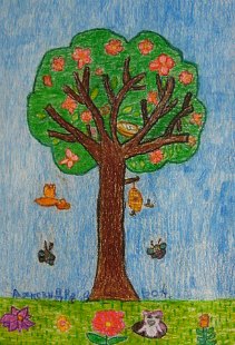 Drvo, proleće i pčelice, voštani pastel - crtež u boji
