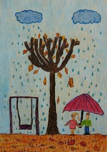 Jesen sa devojčicom i dečakom ispod kišobrana, voštani pastel - crtež u boji