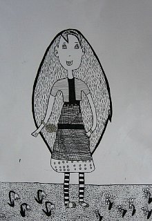 Devojčica u prugastim čarapama,crtež-tanki crni i srebrni flomaster